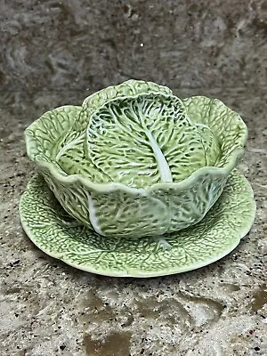 VTG Bordallo Pinheiro Portugal Green Cabbage Serving Bowl With Lid + Under Plate • $29.99
