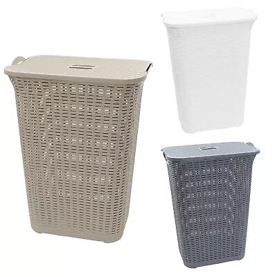 75L Washing Basket Laundry Hamper Clothes Storage Linen Lid Plastic Rattan Style • £18.99