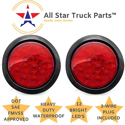 Qty 2 Red 4  Inch 12 LED Round Stop/Turn/Tail Truck Trailer Light Kits Pigtail • $19.95