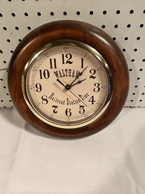 Vintage Waltham Railroad Station Wall Time Clock Wooden Round Frame Battery • $37.95