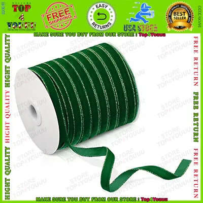 Christmas Wired Velvet Ribbon With Gold Edge Velvet 3/8 Inch X 60 Yard Green • $13.98