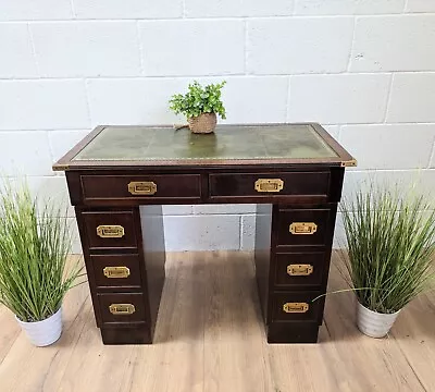 Small Vintage Green Leather Top Campaign Captains Pedestal Desk  • £425