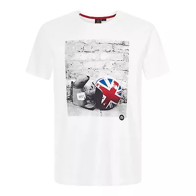 Mens Merc London Retro Mod Scooter Helmet T-Shirt Torcross - White • £26.99