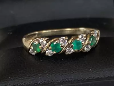 9CT Gold Diamond & Emerald Ring Size  P  Half Eternity Type • £140