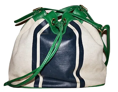 J.CREW Natural Ivory  & Navy Blue Canvas & Green Leather Drawstring Shoulder Bag • $27.99