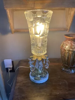 Vintage Crystal Glass Luster Lamps Prisms Brass Hurricane Marble Base • $75