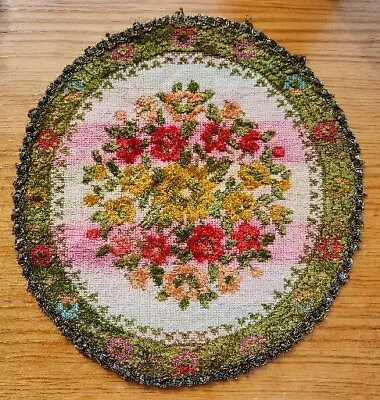 Vintage 11in Dollhouse Miniature Handmade Petit Needlepoint Round Area Rug • $27.60