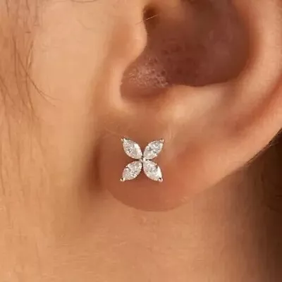 Diamond 1.2Ct Lab Created Marquise Cut Flower Stud Earring 14K White Gold Plated • $83.99