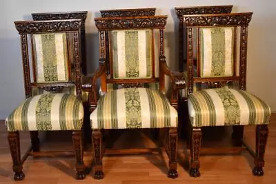 1880s R.J Horner Solid Oak Set Of 6 Dining Chairs 1 Arm Chair 5 Side Chairs • $4500