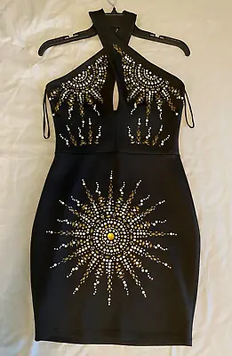 Va Va VOOM Bodycon Short HALTER DRESS Size MEDIUM Black Metal Studded Sunburst • $20