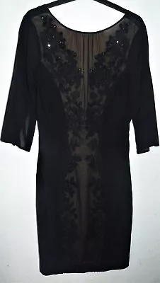 Womens Black Knee Length Dress With Embellished Lace Detail By Mint Velvet 12 • £8