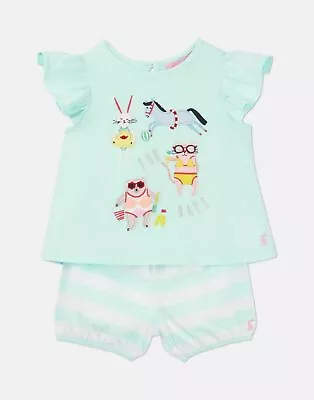 New Joules Baby Girls T-Shirt & Shorts Set Aqua Seaside Animals - 9M-12M Outfit • £12.40