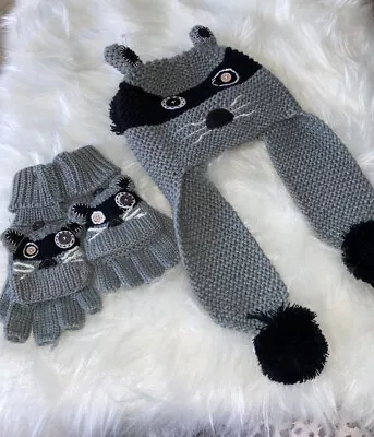 The Children's Place Boys Knit Raccoon Hat And Mitten Beanie Hat • $28