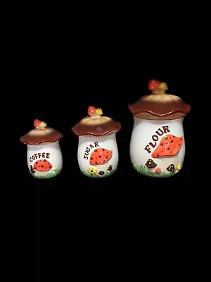 Vintage MCM Mushroom Ceramic Canisters Flour Sugar Coffee WMG'10 Set Of 3  • $77.77