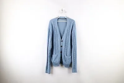 Vtg 90s Streetwear Mens XL Chunky Cable Knit Kurt Cobain Cardigan Sweater Blue • $58.45