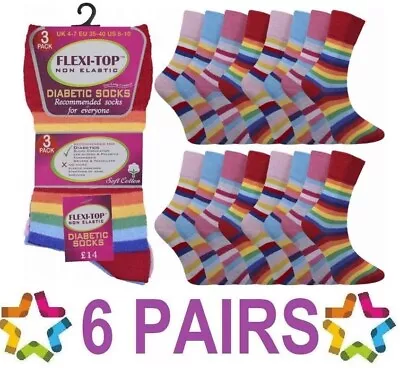 6 Pairs Of Ladies RAINBOW Non Binding Socks Loose Top Gentle Soft Grip Bright UK • £6.97