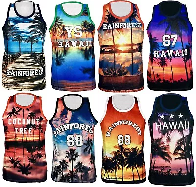 £6.99 • Buy Mens Hawaii Retro Vest Sleeveless T Shirt Summer Printed Front Back Top Mesh 