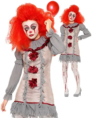 Vintage Clown Costume Ladies Halloween Horror Scary Fancy Dress Pennywise New • $100.42