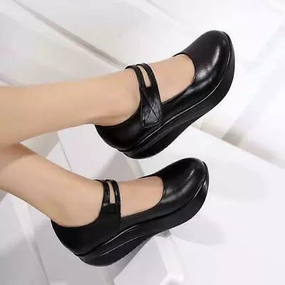 Womens Mary Jane Leather Nursing Shoes Wedge Heels Round Toe  Casual Mary Janes  • $37.99