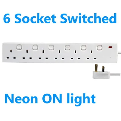 £14.95 • Buy 6 Way Switched Extension Lead - Six Gang Multi Plug Socket - White Power Cable
