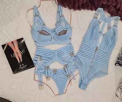 🌸 HONEY BIRDETTE Linda C Blue Set 10E XS Suspender XS Brief XS Bodysuit NWT • $350