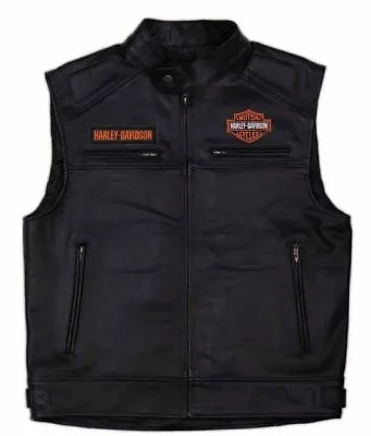 Harley Davidson Men's Black 100% Leather Embroidered Motorcycle Biker Vest. • $94.99