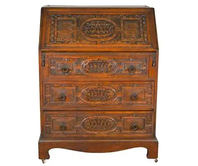 Antique Oak Heavily Carved Slant Top Governor Winthrop Desk #21963 • $685