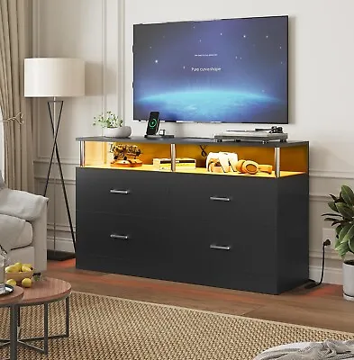4 Drawer Dresser With LED Lights&Charging Station Large Storage Cabinet (Black) • $189.97