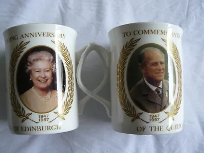 2 X Queen Elizabeth II & Prince Phillip 50th Golden Wedding Anniversary Mugs • £12.99