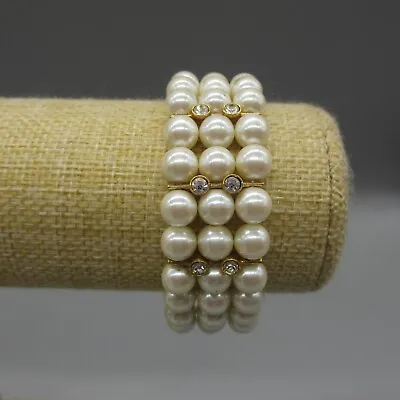 Vintage Simulated Pearl Bracelet Rhinestone Accents Multi Strand Gold Tone 7  • $16