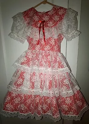Vtg Golden Age Full Circle Pinafore Party Dress Ruffles Lace Red White 8 Girls • $136