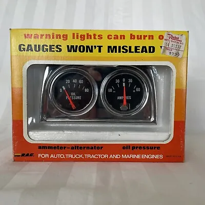 Vintage RAC Dual Gauge Kit Ampres Oil Pressure NEW In Box NOS Chrome • $44.95