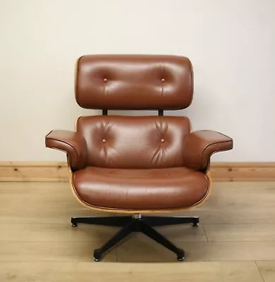 Eames Style Brown Leather Lounge Chair / Armchair & Ottoman With Walnut Wood • £529