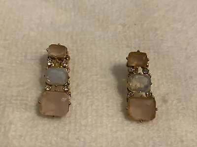 Lovely Monet Vintage Gold Tone Pink & Faux Opal Drop Dangle Clip Earrings • $13.60