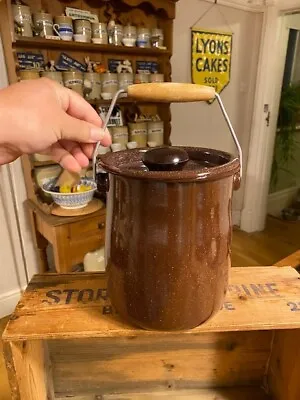 Vintage Tall Dark Brown Enamel Milk Can / Carrier – Wooden Handle – Great! • £19.99