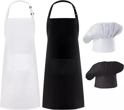 2 Pack Chef Apron Hat Set Adjustable Bib Cooking Aprons Water Drop Resistant Ba • $35.68