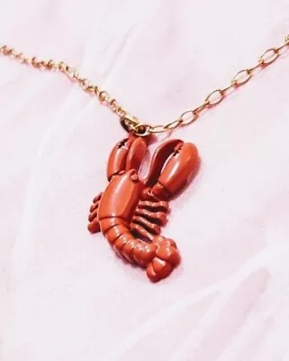 J Crew Signed Long Gold Tone Red Lobster Enamel Pendant Chain Necklace 🦞 • $12.99