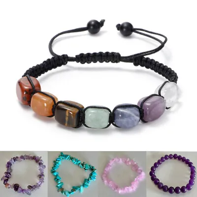 Crystal Gemstone Bracelet 7 Chakra Bead Anxiety Stone Jewellery Healing Reiki UK • £3.59
