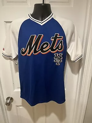 New York Mets Jersey Mens Small White Blue Stitches Script Logo Baseball Shirt • $50