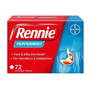 Rennie Antacids Peppermint Flavour Heartburn Relief Acid Reflux 72 Tablets • £8.99