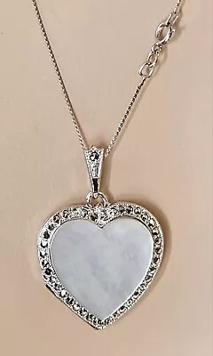 Vtg.  Heart Locket Pendant Necklace Sterling Silver Marcasite * Mother Pearl 925 • $28