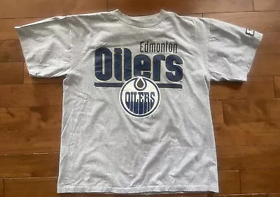Vintage Edmonton Oilers T-Shirt Single Stitch Starter Canada NHL Hockey Grey Lg • $20.24