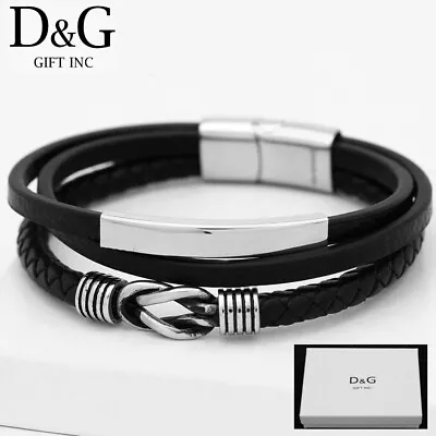 DG Men's 8  Stainless-Steel.Black Eternity Braided Leather Magnetic.BraceletBOX • $17.99