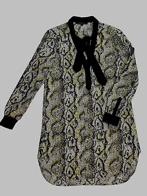 French Connection Yellow Black White Snake Print Tie Neck Shirt Dress UK6 • £28.30