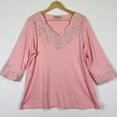 Quacker Factory Pink Floral Rhinestone 3/4 Sleeve Shirt T-Shirt Top Womens 1X • $18.99