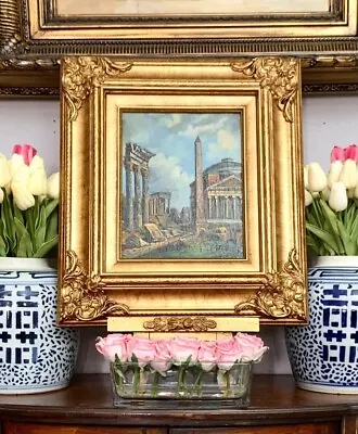 Painting Old World City Vintage Oil Art On Board In Golden Frame • $220