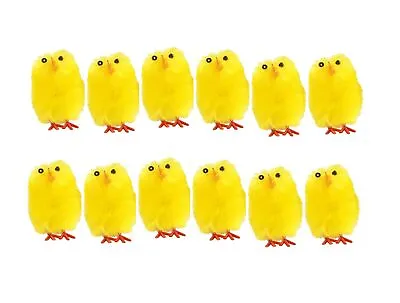 12 Mini Fluffy Easter Chicks Cute Yellow Easter Bonnet Decorations Craft Chicks • £4.79