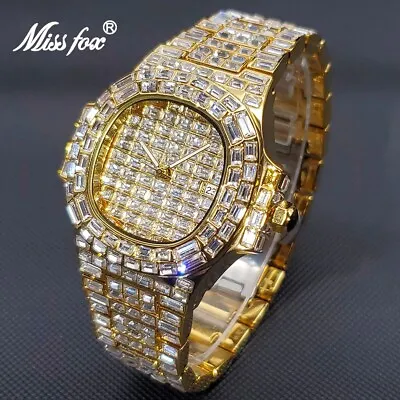 MISSFOX Men's Fully Ice Out Watch Stainless Steel Bling Diamond Luxury Gift NEW • £83.99