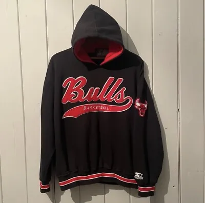 Vtg STARTER Chicago Bulls Felt Script Hoodie Sweatshirt - Large Black Red 90s • $54.69