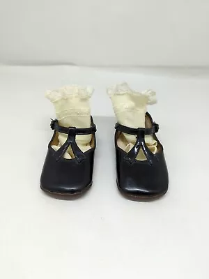 Vintage Mrs. Day's Ideal Baby Shoes Mary Janes Black Glossy Dress Shoes + Socks  • $12.95